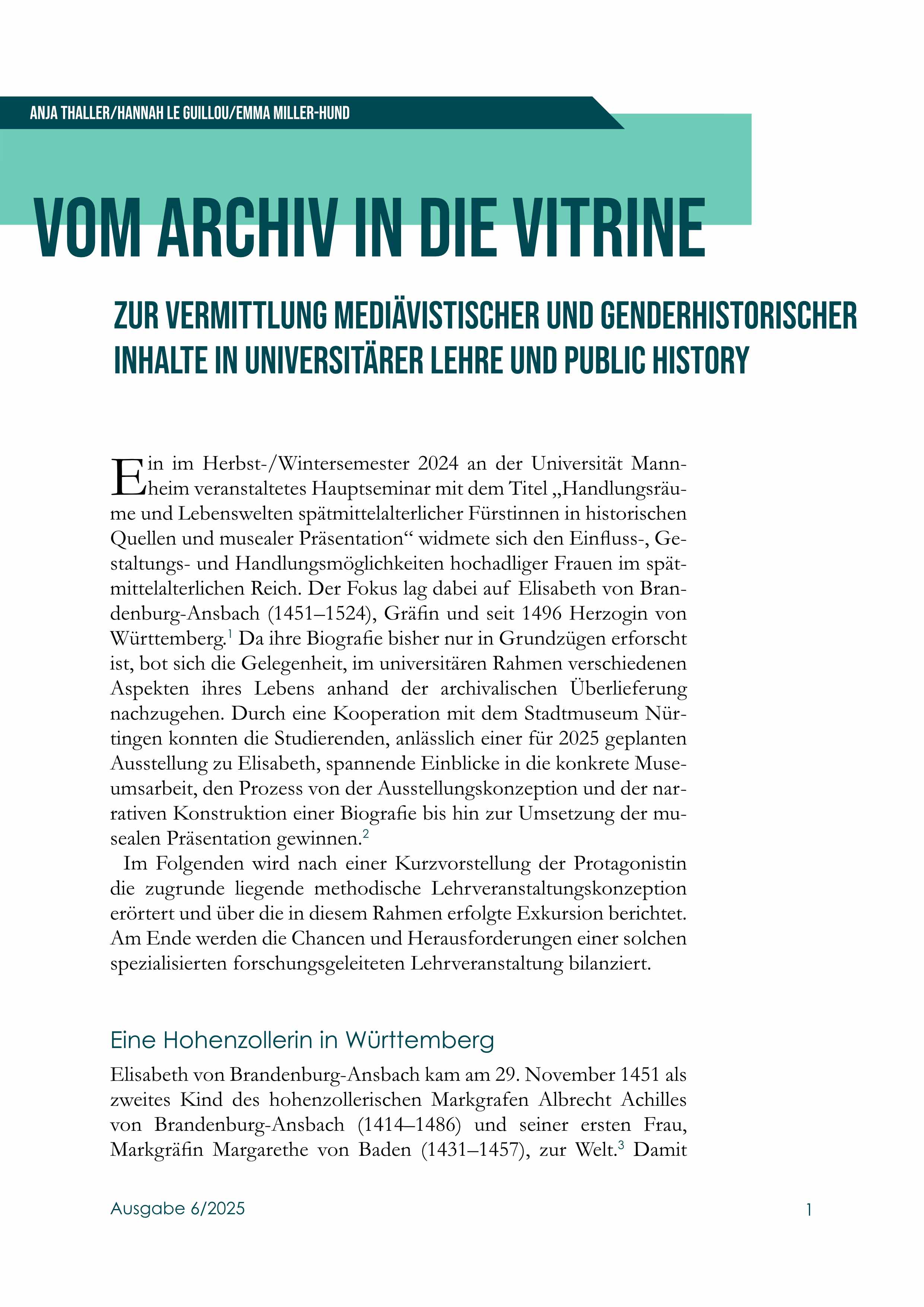 Die erste Seite des Beitrags